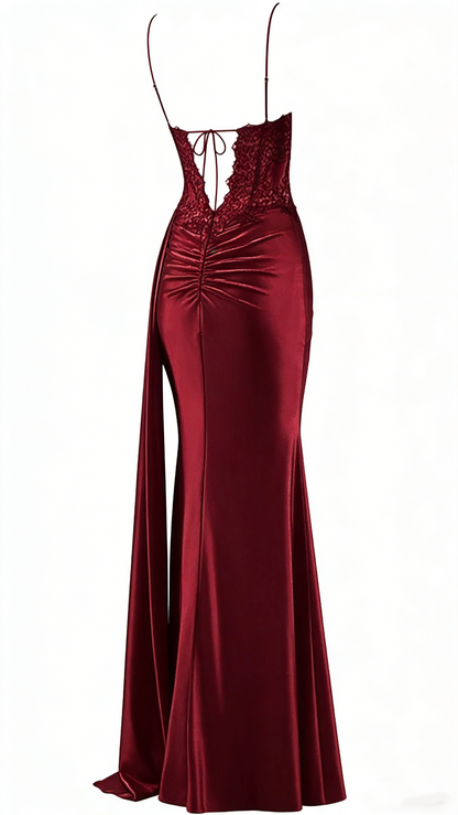 Modest Mermaid Spaghetti Straps Burgundy Slit Lace Prom Dresses Long Party Dress Birthday Outfit Teenagers Graduation Dress RB1168