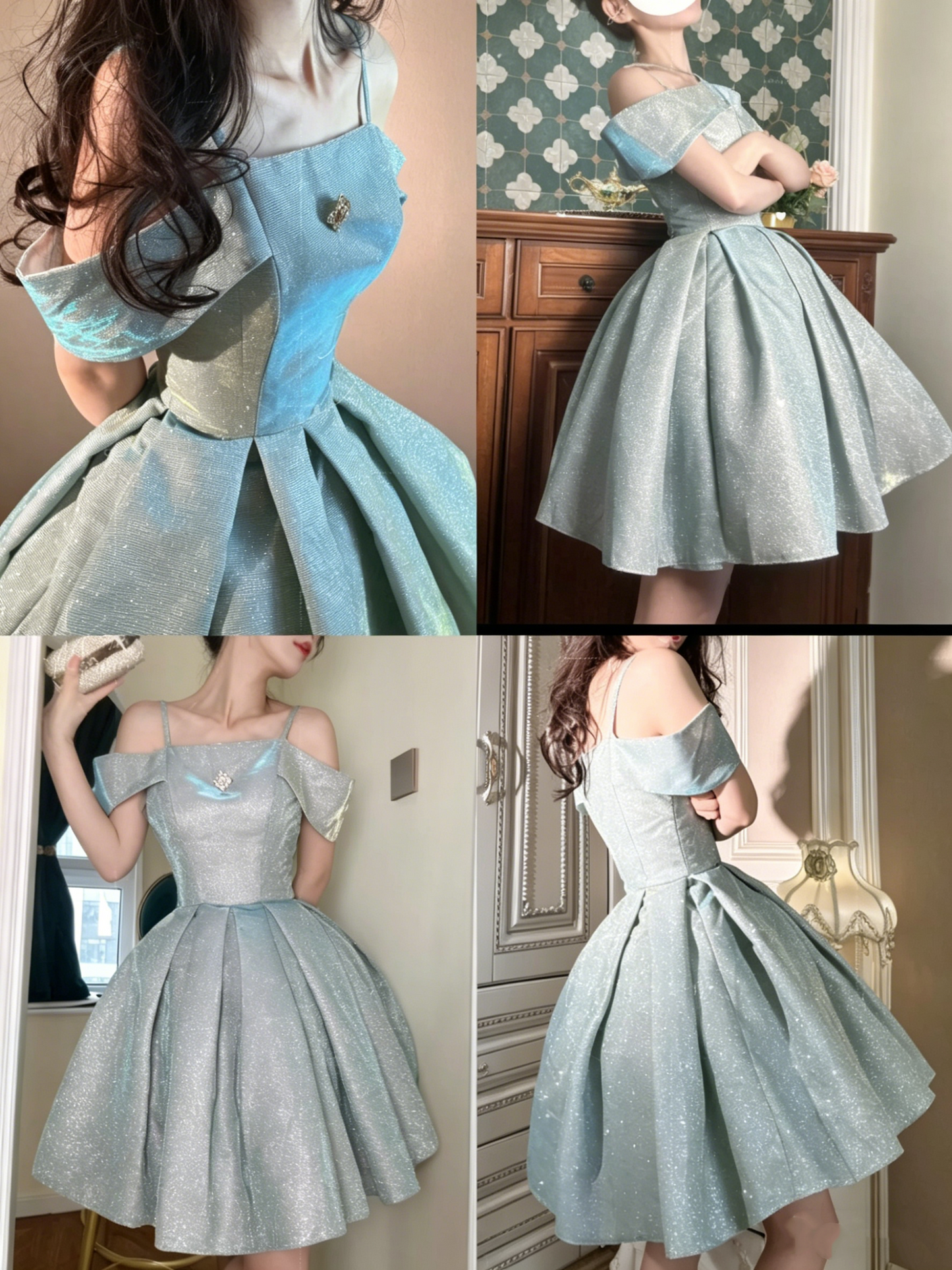 Vintage Ball Gown Light Blue Short Mini Length Short Sleeves Party Dress Cocktail Homecoming Dresses N3906