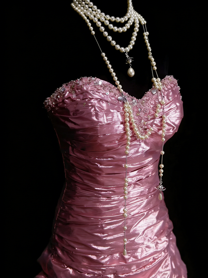 Vintage Mermaid Sweetheart Pink Sleeveless 80s Sleeveless Prom Dresses Long Formal Party Gown N1443