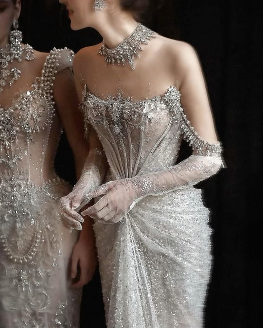 Charming High Neck Long Sleeves Mermaid Prom Dress With Beadings Party Dress For Women AB1512