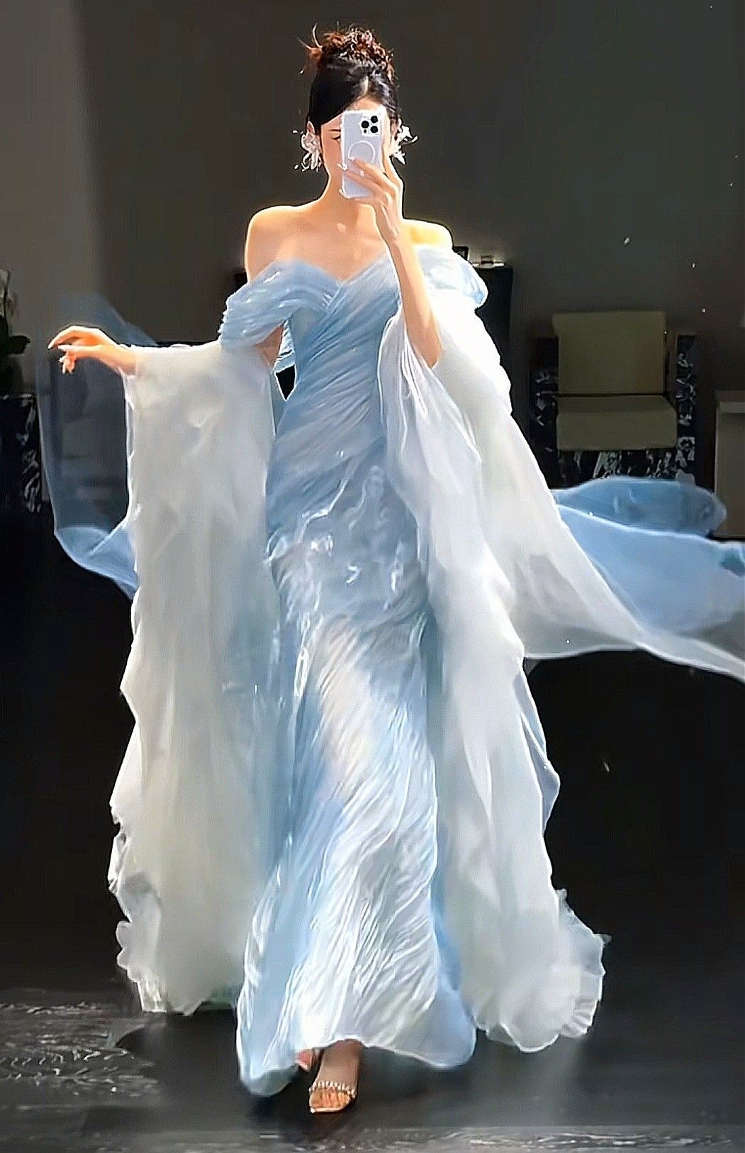 Modest Mermaid Off The Shoulder Blue With Pleated Long Prom Dresses Inspiration Evening Gowns For Women Formal Party Dress AB1244