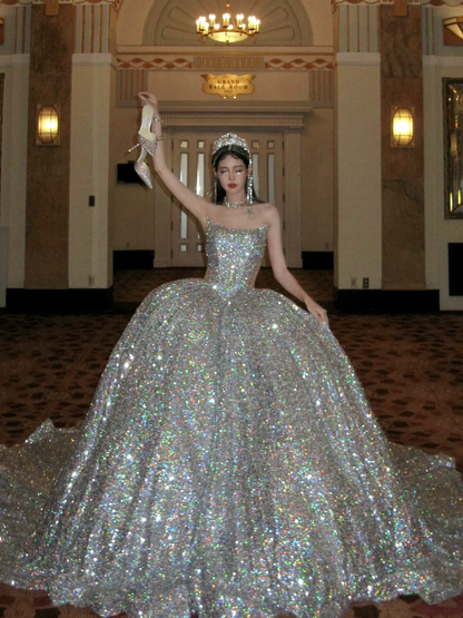 Sparkly Ball Gown Strapless Silver Sequin Long Quinceanera Dress Birthday Luxury Sweet 15 16 Birthday Gown N072
