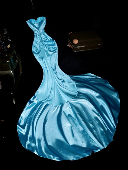 Glamorous Mermaid Sweetheart Blue Satin High School Dances Prom Dresses 8th Grade Formal Outfits With Beading RB8467