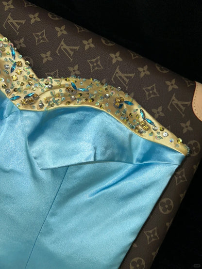Glamorous Mermaid Sweetheart Blue Satin High School Dances Prom Dresses 8th Grade Formal Outfits With Beading RB8467