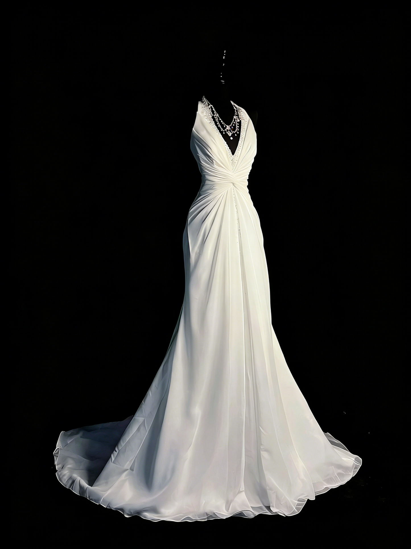 Modest Mermaid V Neck White Chiffon College Formal Outfit Long Prom Graduation Dresses For Teens N1184