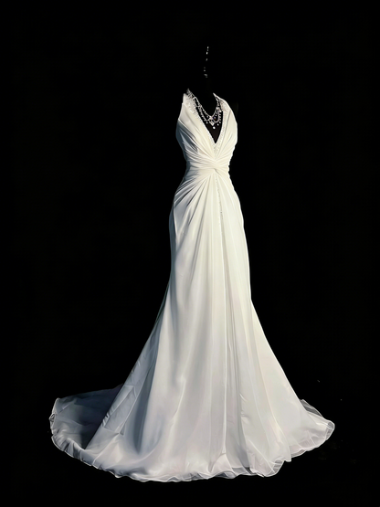 Modest Mermaid V Neck White Chiffon College Formal Outfit Long Prom Graduation Dresses For Teens N1184