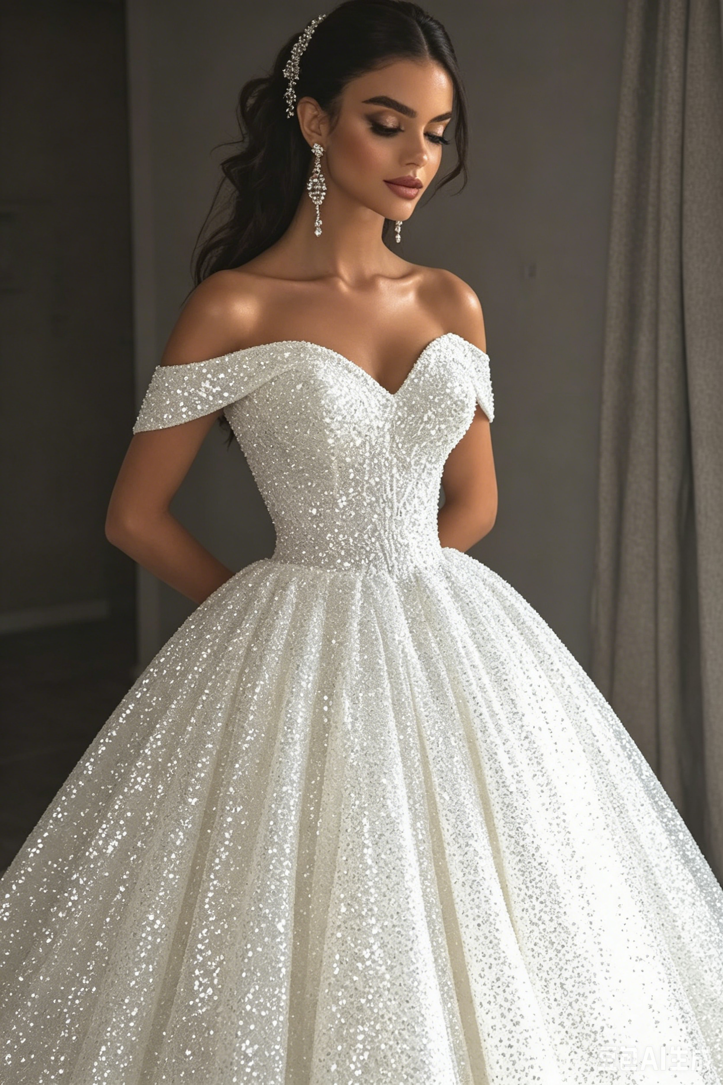 Sparkly Ball Gown Off The Shoulder Sequin Long Wedding Dress Fairy Formal Short Sleeves Wedding Dresses B113
