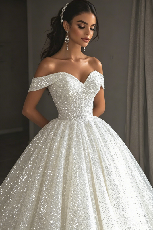 Sparkly Ball Gown Off The Shoulder Sequin Long Wedding Dress Fairy Formal Short Sleeves Wedding Dresses B113