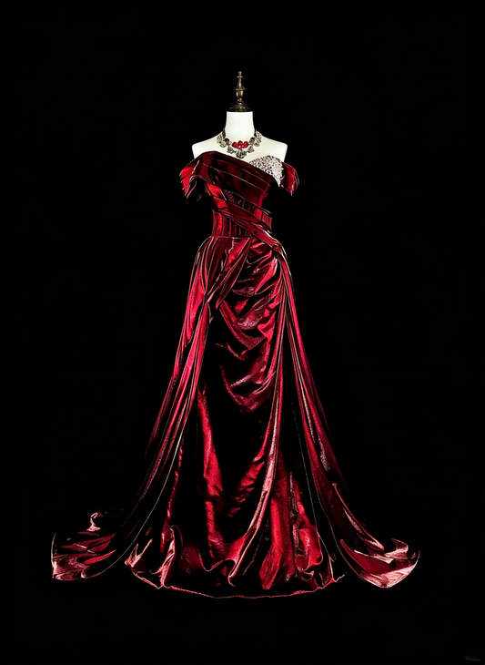 Dreamy Prom Dresses Vintage 90s With Beads Mermaid Off The Shoulder Burgundy Satin Long Formal Outfits N2377