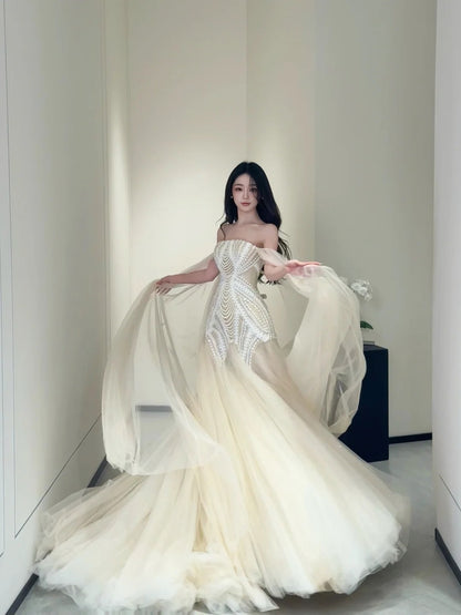 Luxurious Wedding Dresses Mermaid Off The Shoulder With Cape Long Brides Dress For Brides Fitted Bridal Gowns AB2472