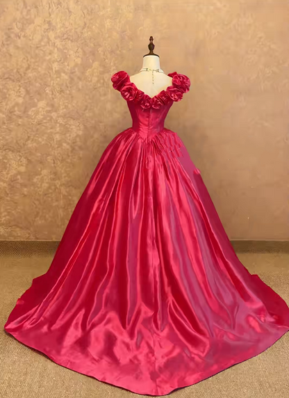 Hot Pink 3D Floral Satin Ball Gown Quinceanera Dress, Sweet 15 Birthday Formal Dress RC0037