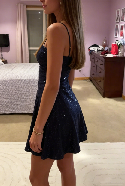Shiniest Star Sequin Mini Dress A line Navy Blue Sequin Graduation Gowns High School For 8th Grade Homecoming Dress RB3323