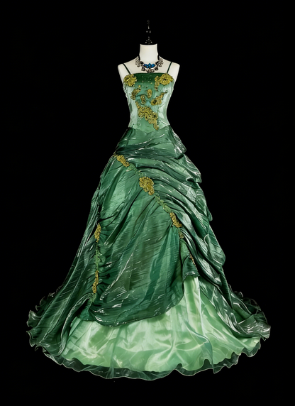 Vintage Prom Dresses Aesthetic Ball Gown Straps Green Organza Long Formal Dress N2154