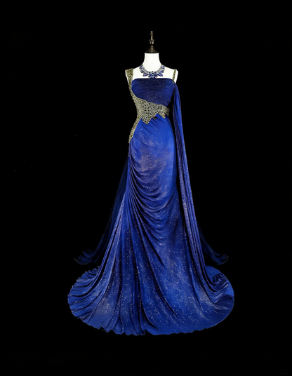 Modest Mermaid Royal Blue Sequins Women With Beadings Long Prom Gown Party Wear Dresses N1850