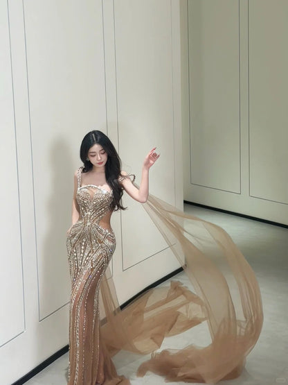 Glitter Mermaid Spaghetti Straps Champagne Tulle Prom Dresses Silver Beads 20th Birthday Outfits AB2470