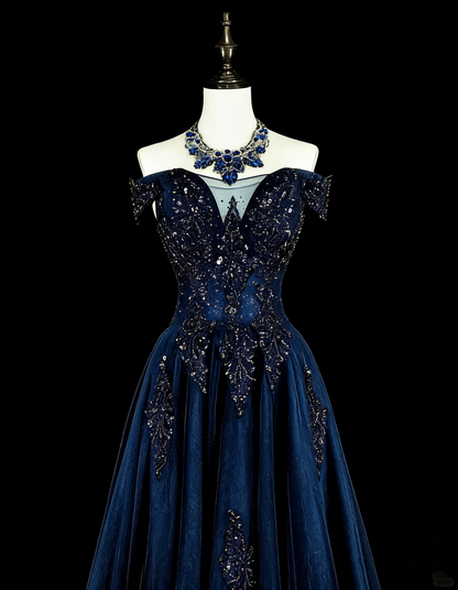 Vintage A line Off The Shoulder Navy Blue Tulle 90s Evening Gowns Formal Birthday Dress Long Prom Dresses N1752