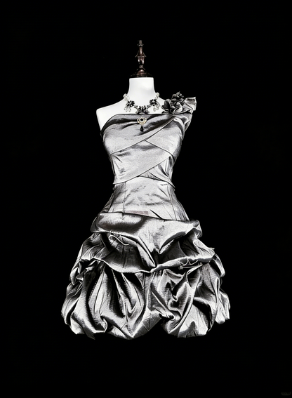 Unique Ball Gown One Shoulder Silver Gray Mini Short Homecoming Dresses Hoco Cocktail Gowns N3071
