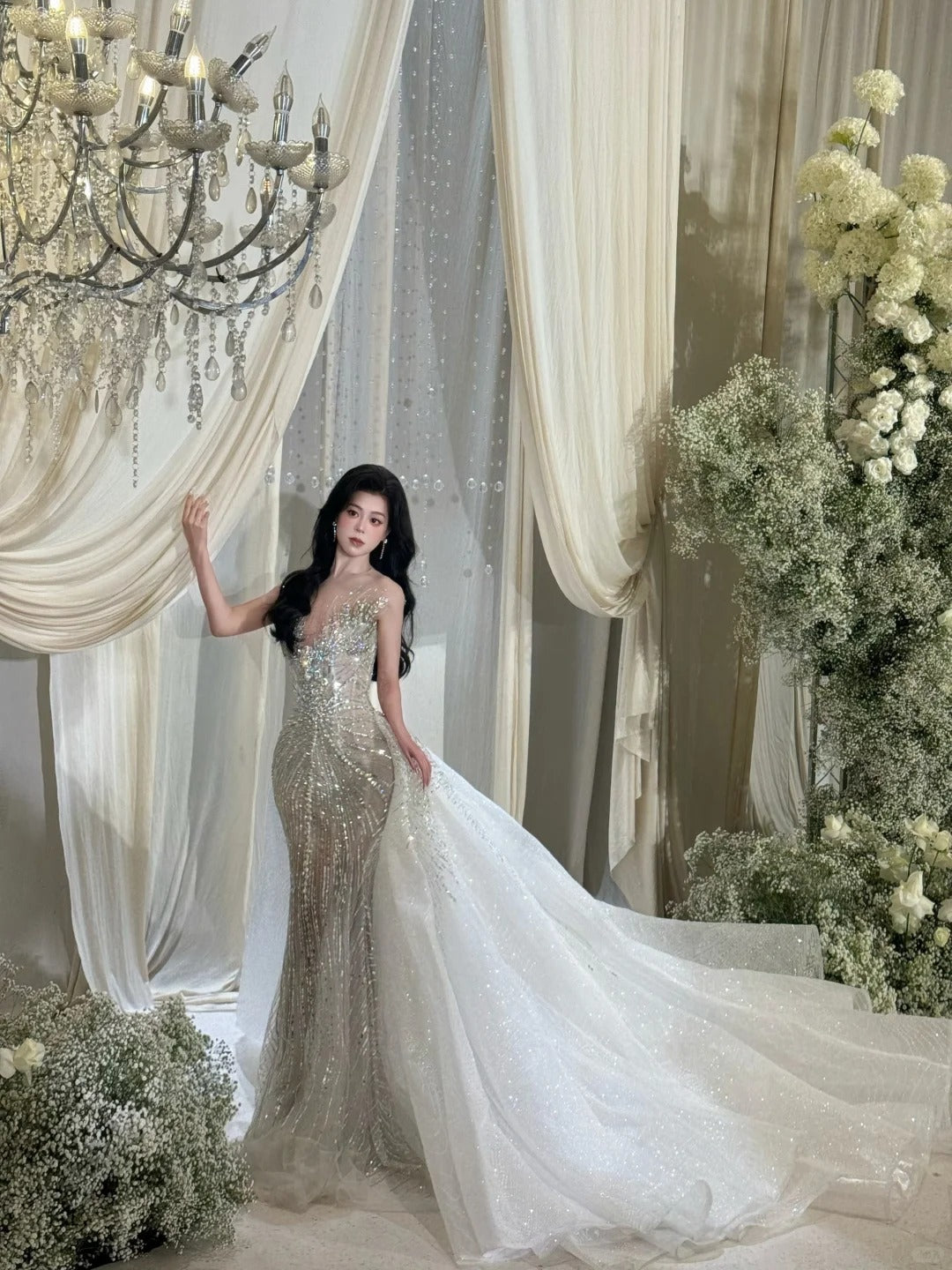 Luxurious Wedding Dresses Mermaid Scoop Neck With Cape Sequins Brides Dress For Brides Fitted Bridal Gowns AB2471