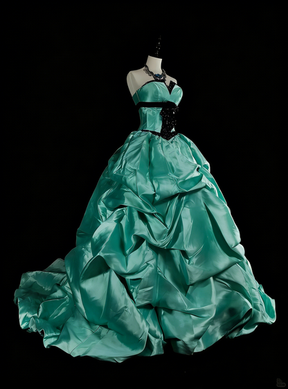 Vintage 1760s Ball Gown Sweetheart Green With Satin Pleated Long Prom Dresses N1598