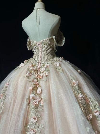 Princess Lace Square Neck Blush Pink Sweet 16 Dress Ball Gown Sleeveless Sweet Sixteen Dress RC0078