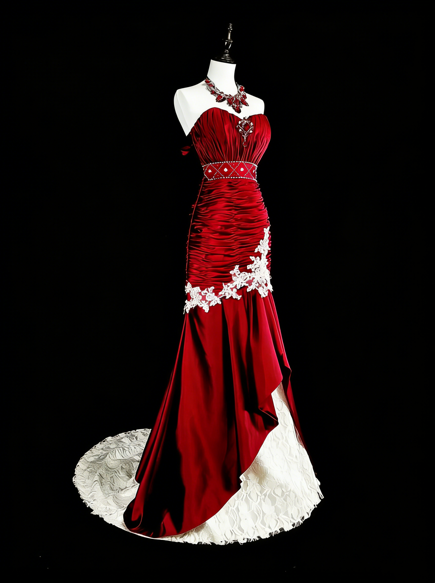 Vintage Prom Dresses Mermaid Sweetheart Burgundy Satin With White Lace Long Formal Dress N2377