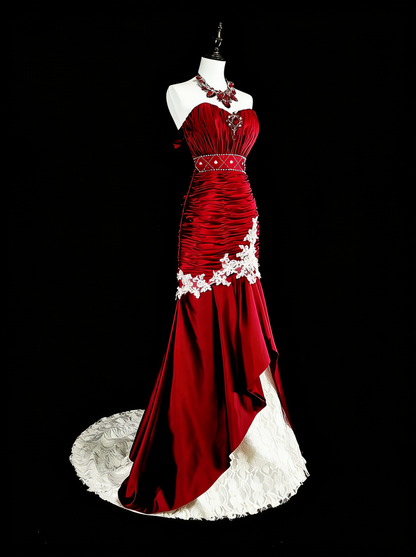 Vintage Prom Dresses Mermaid Sweetheart Burgundy Satin With White Lace Long Formal Dress N2377