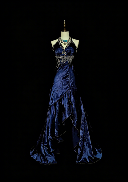 Vintage Mermaid Halter Navy Blue With Beaded Long Summer Black Tie Prom Dresses Spring Formal Party Dress N1421