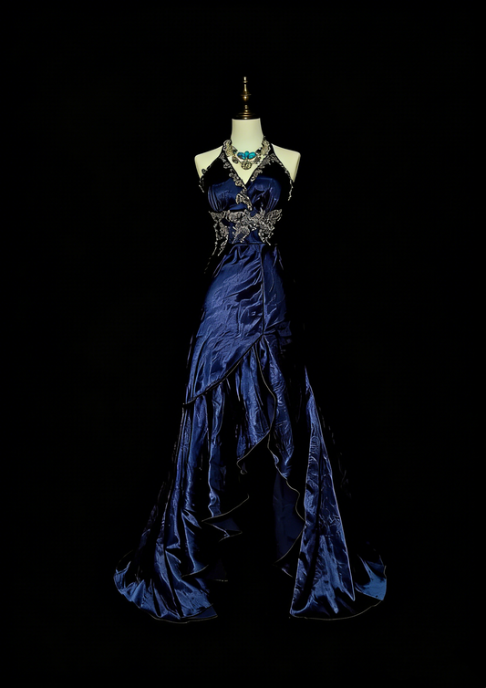 Vintage Mermaid Halter Navy Blue With Beaded Long Summer Black Tie Prom Dresses Spring Formal Party Dress N1421