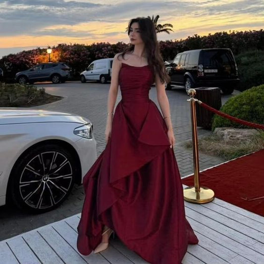 Modest Ball Gown Strapless Burgundy Satin Prom Dresses Long Party Dress Evening Dresses AC020