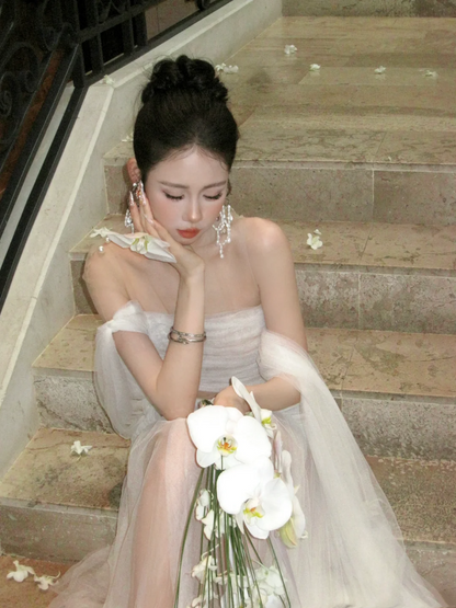 Simple Mermaid Off The Shoulder Tulle White Wedding Dress With Pleated Ruched Fairytale Brides Gown Wedding Dresses N066