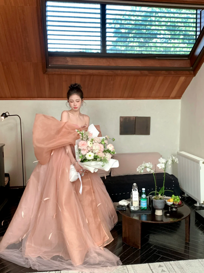 Modest Ball Gown Off The Shoulder Coral Pink With Long Sleeves Bow Prm Dress Aesthetic Long Graduation Evening Outfits N065