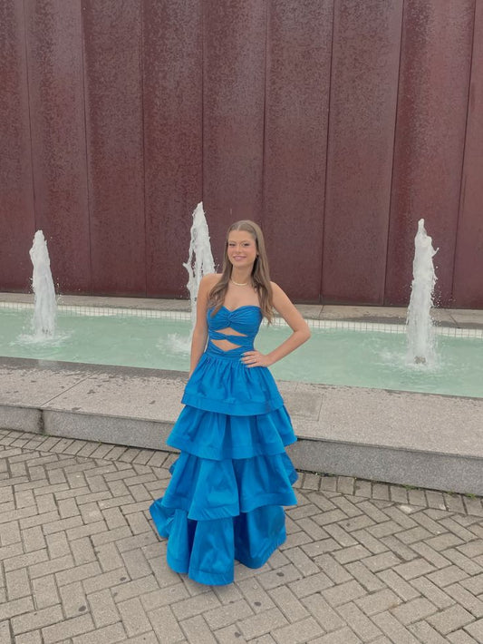 Graceful Ball Gown Sweetheart Blue Satin Sleeveless Pleated Prom Dress Formal Evening Dress Party Gowns AB433