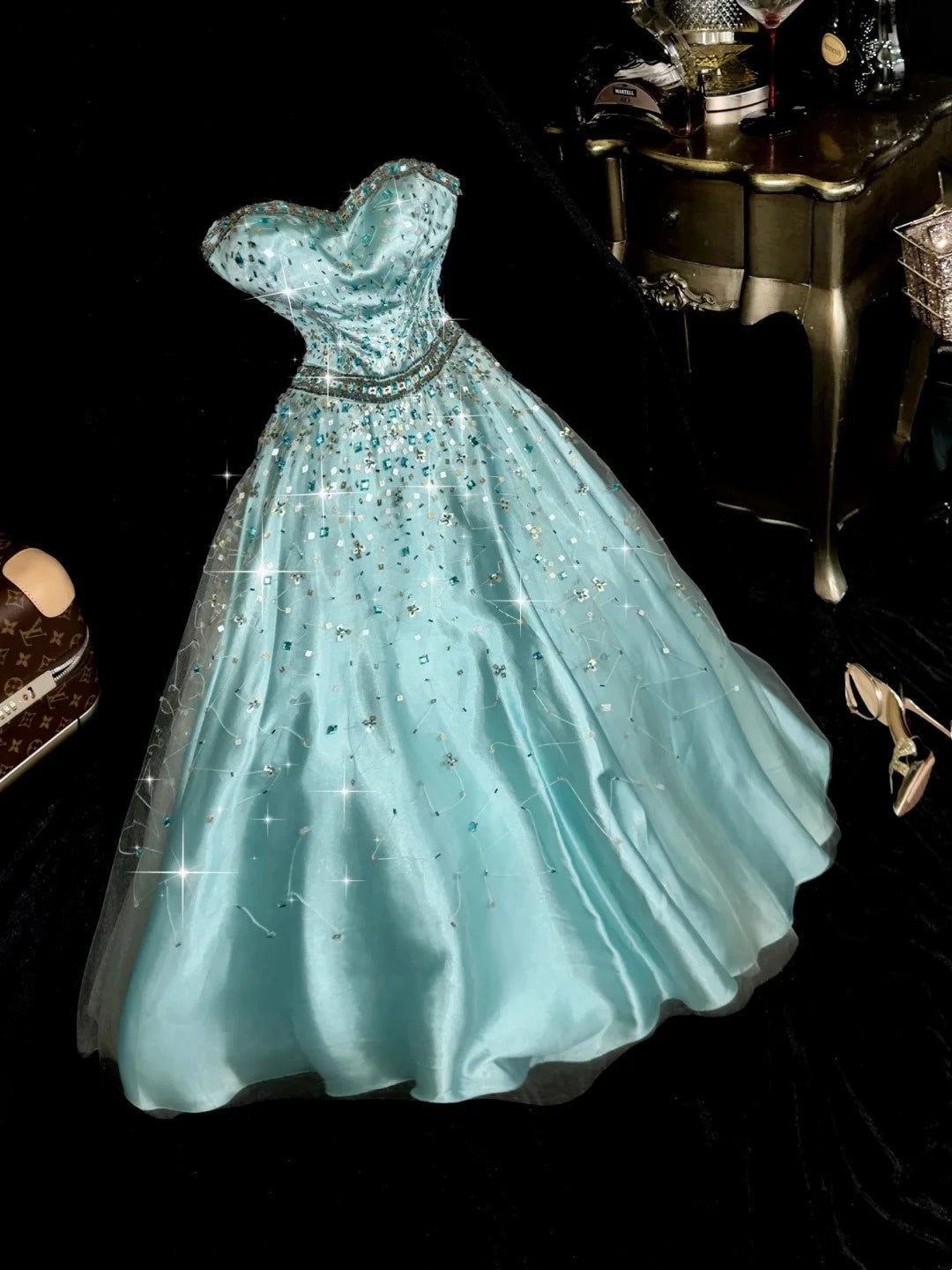 Elegant Ball Gown Sweetheart Blue Satin With Beading Tea Length Prom Dresses Formal Outfits Evening Night Dress RB8251