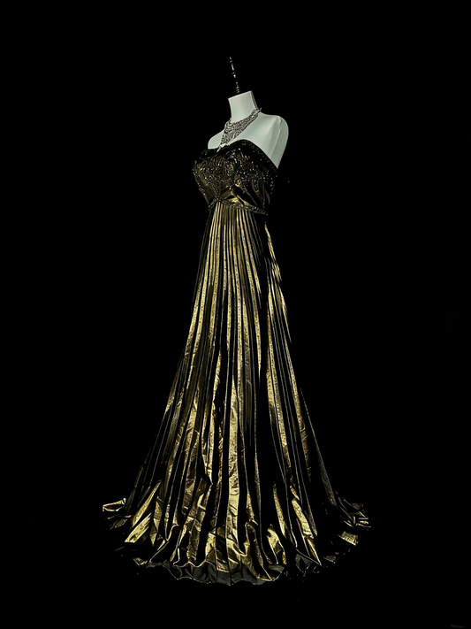 Vintage A Line Strapless Gold Black With Beaded Long Summer Prom Dresses Senior High Schools Formal Party Dress N1424