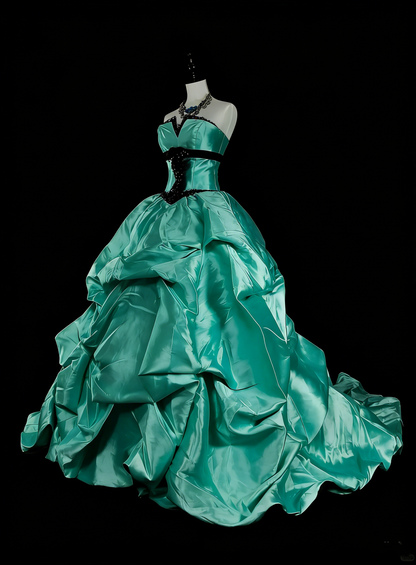 Vintage 1760s Ball Gown Sweetheart Green With Satin Pleated Long Prom Dresses N1598