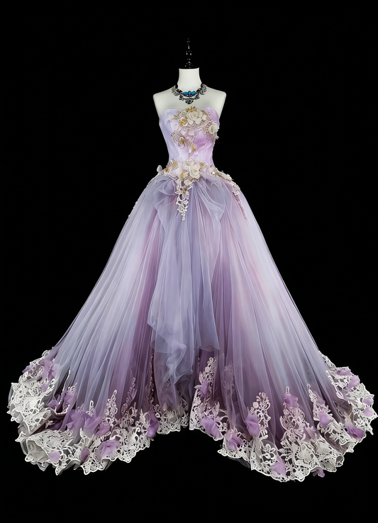 Vintage Prom Dresses Ball Gown Strapless Lilac With 3D Appliques 2000s Long Party Dress N2380
