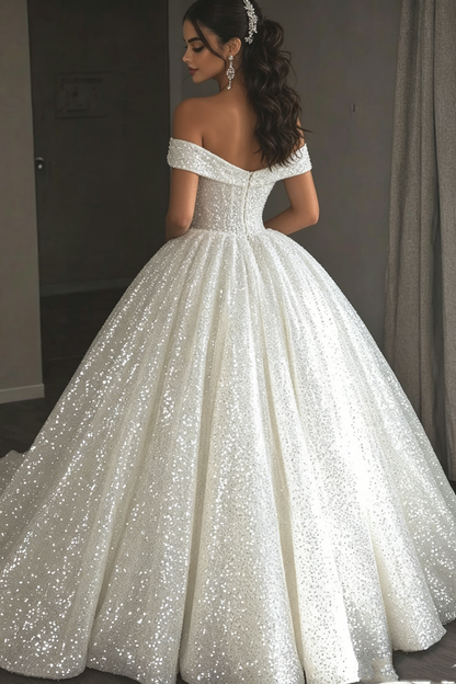 Sparkly Ball Gown Off The Shoulder Sequin Long Wedding Dress Fairy Formal Short Sleeves Wedding Dresses B113