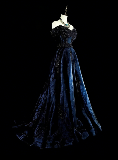 Vintage A line Off The Shoulder Navy Blue Tulle 80s Evening Gowns Formal Birthday Dress Long Prom Dresses N1753
