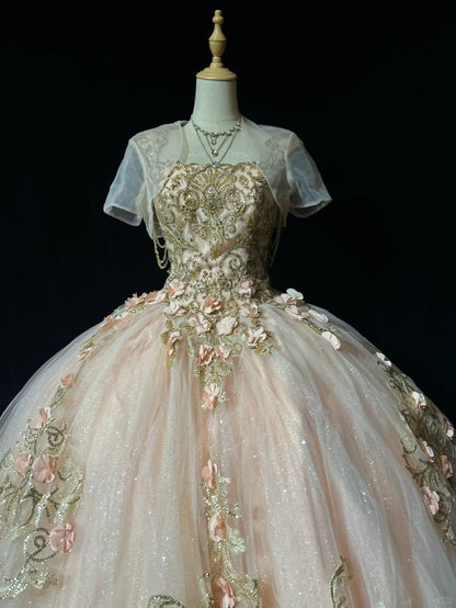Princess Lace Square Neck Blush Pink Sweet 16 Dress Ball Gown Sleeveless Sweet Sixteen Dress RC0078