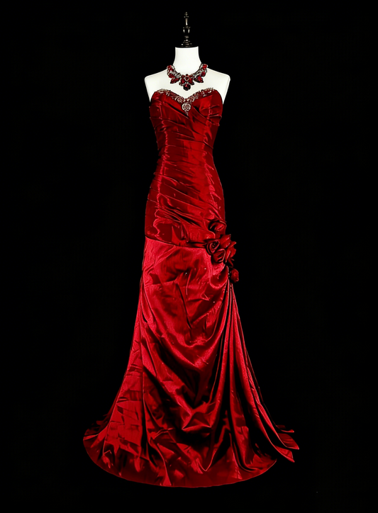 Vintage Prom Dresses Mermaid Sweetheart Burgudy Satin With Beads Folds Long Formal Dress N2385