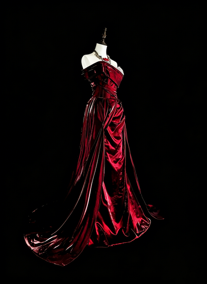 Dreamy Prom Dresses Vintage 90s With Beads Mermaid Off The Shoulder Burgundy Satin Long Formal Outfits N2377