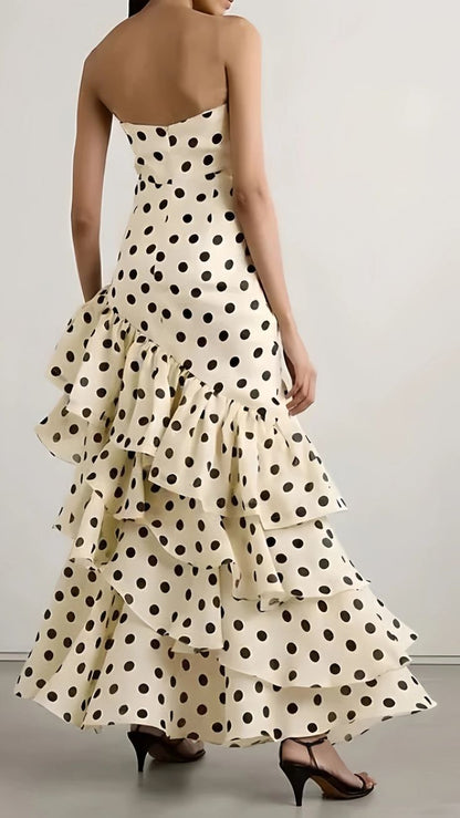 Strapless Mermaid Long Prom Dresses Dots Ruffle Sleeveless Party Dress AB1761