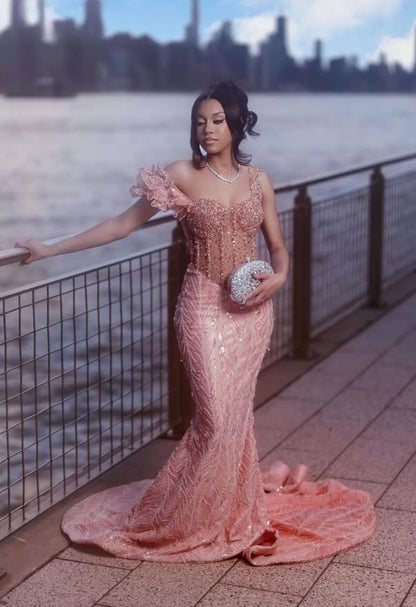Elegant Dusty Rose Off-The-Shoulder Sweetheart Prom Dresses Mermaid Column Floor Length With Beads N622