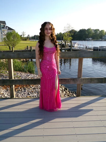 Prom Dresses Sparkly Mermaid Strapless Sequin Pink With Slit Formal Evening Gown for Graduation Party RB9451