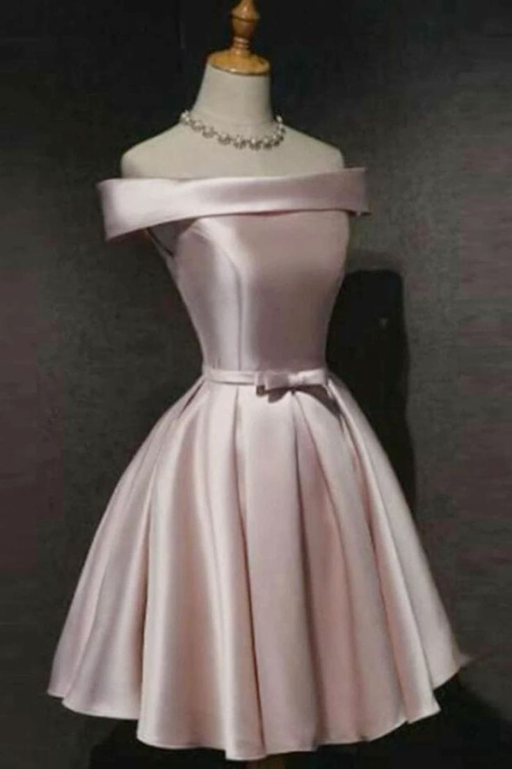 Simple A Line Pink Off The Shoulder Satin Short Homecoming Dresses Party Cocktail Hoco Outfits RB8757
