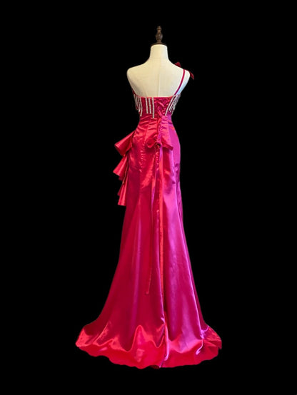 Extravagant Mermaid One Shoulder Hot Pink Satin Long Prom Dresses Inspo Evening Outfits RB4018
