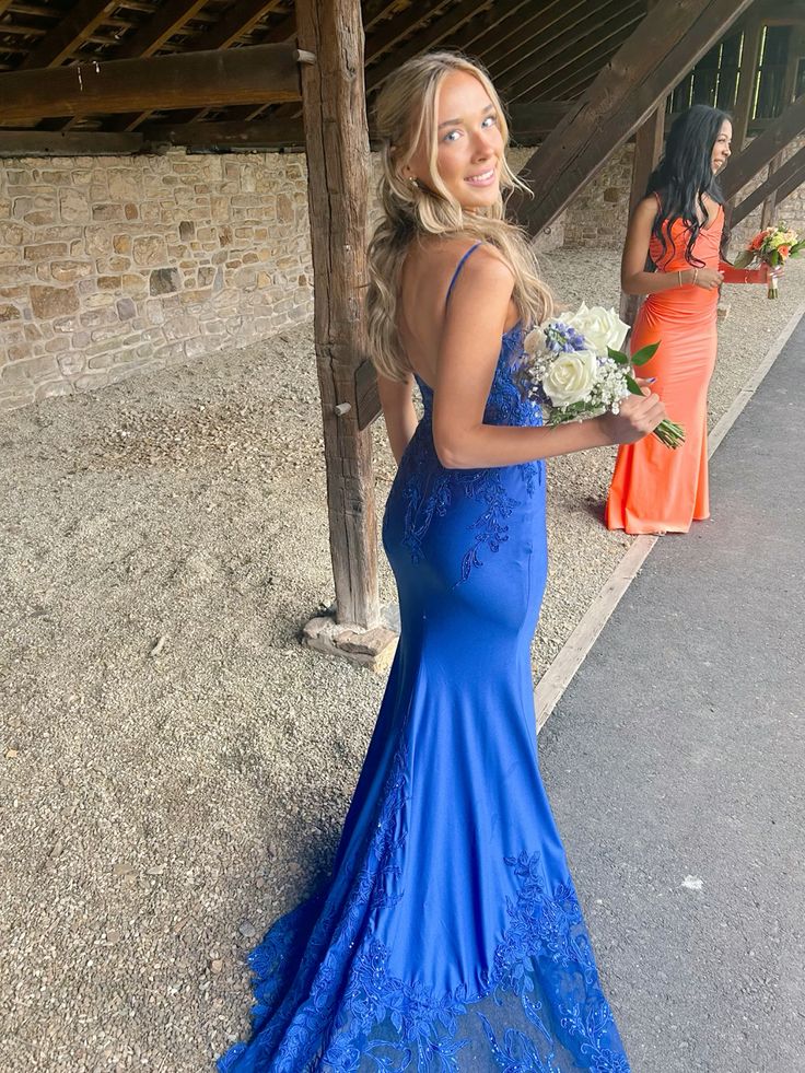 Modest Mermaid Prom Dresses For Women Spaghetti Straps Royal Blue Satin Party Gown N1516
