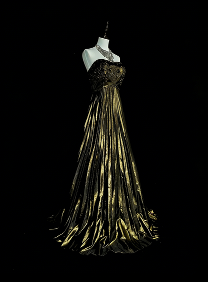 Vintage A Line Strapless Gold Black With Beaded Long Summer Prom Dresses Senior High Schools Formal Party Dress N1424