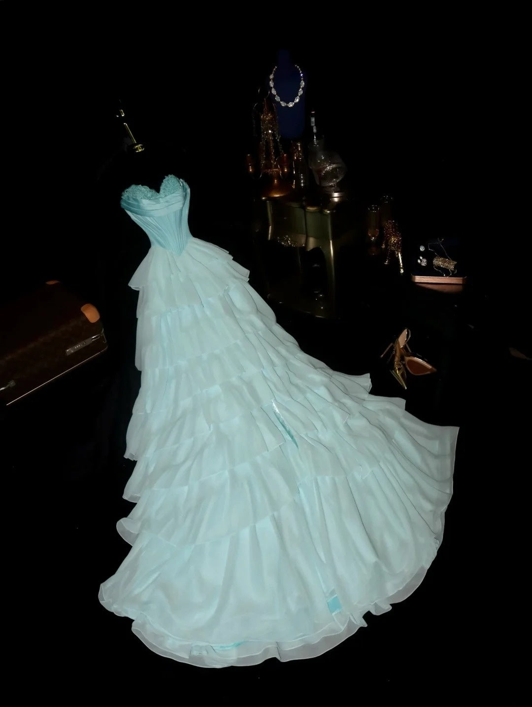 Elegant Ball Gown Sweetheart Blue Chiffon With Tiered Floor Length Prom Dresses Formal Outfits Evening Night Dress RB8252
