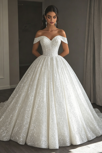 Sparkly Ball Gown Off The Shoulder Sequin Long Wedding Dress Fairy Formal Short Sleeves Wedding Dresses B113